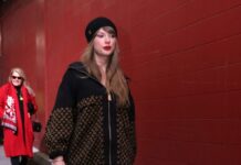 Taylor Swift Wears a Monogram Louis Vuitton Jacket to Chiefs Playoff Game